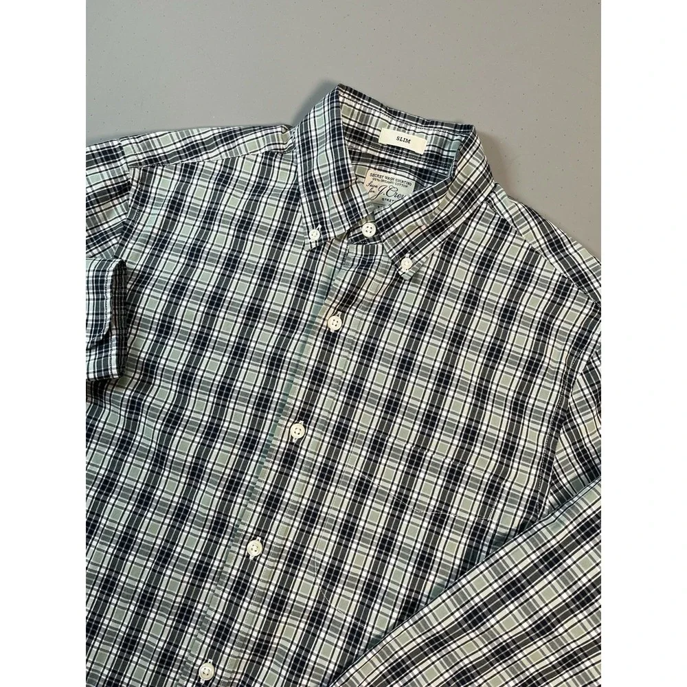 J.Crew Secret Wash Button Shirt Men XS Organic Cotton Slim Green Blue Plaid‎ New